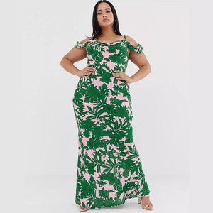 Club L Plus Tropical Print Bardot Cowl Neck Maxi Dress 24